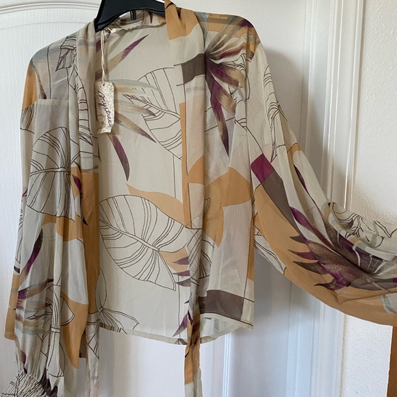 Mystree Cream and Orange Wrap Tie Front Long Sleeve Blouse - Picture 3 of 5